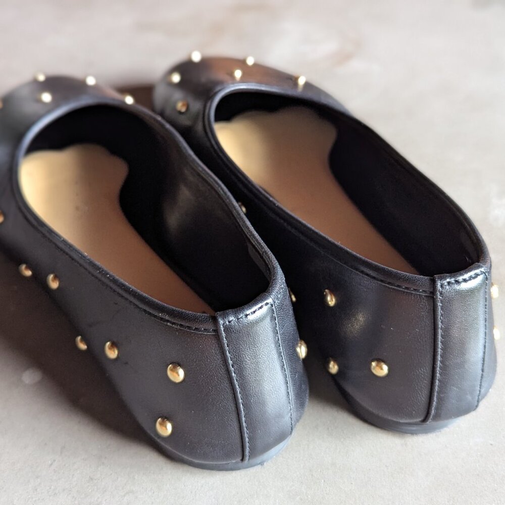Dear Frances | Black Leather Bala Gold Studs Ballerina Flats | 38 - Picture 6 of 16